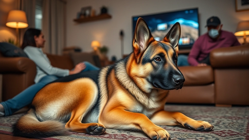 Large German Shepherd dog protectively resting across owner's feet while family watches television together, warm living room ambiance, demonstrating bonding behavior