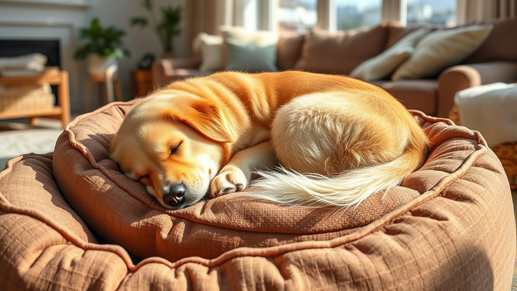 Peaceful golden retriever sleeping curled up on cozy dog bed in sunny living room no text no words no letters