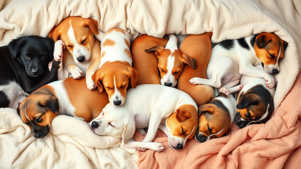 Various dog breeds napping together in different sleeping positions on soft blankets no text no words no letters