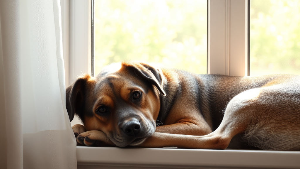 Senior dog resting peacefully by window with natural lighting streaming in no text no words no letters