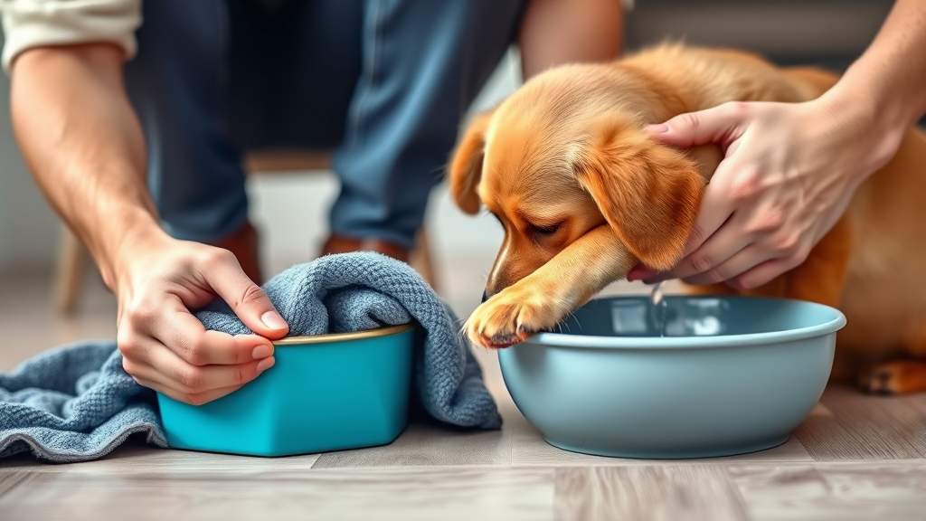 Dog owner gently cleaning their pet's paws with towel and water bowl, no text no words no letters