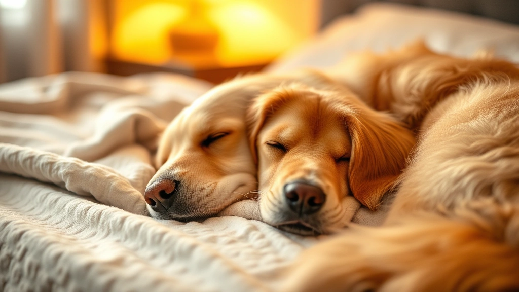 Golden Retriever sleeping peacefully on side, soft blanket, warm bedroom lighting, relaxed posture