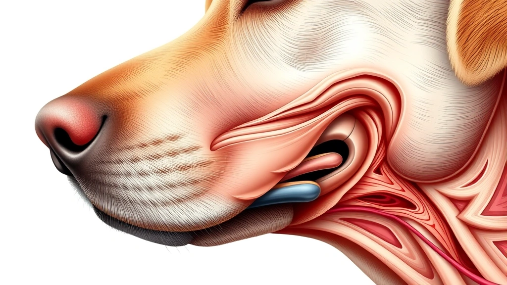 Close-up of dog's face showing nasal passages and throat anatomy, medical illustration style, detailed soft tissue structure
