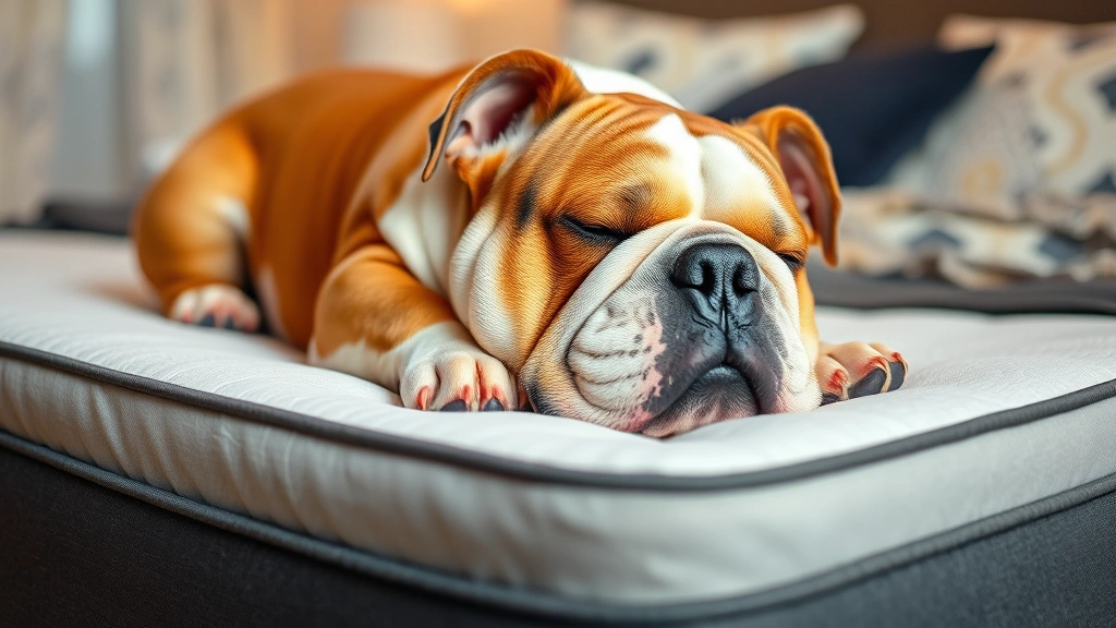 Bulldog napping on orthopedic bed with elevated head position, comfortable bedroom environment, peaceful sleeping dog