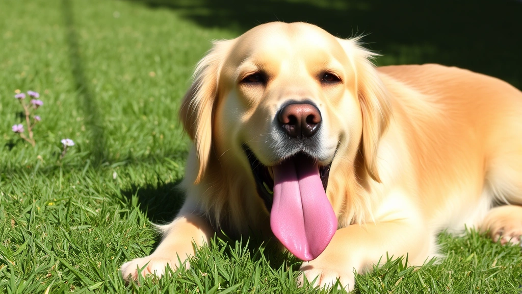 Golden Retriever lying on green grass with pink tongue hanging out, relaxed expression, sunny day, panting slightly