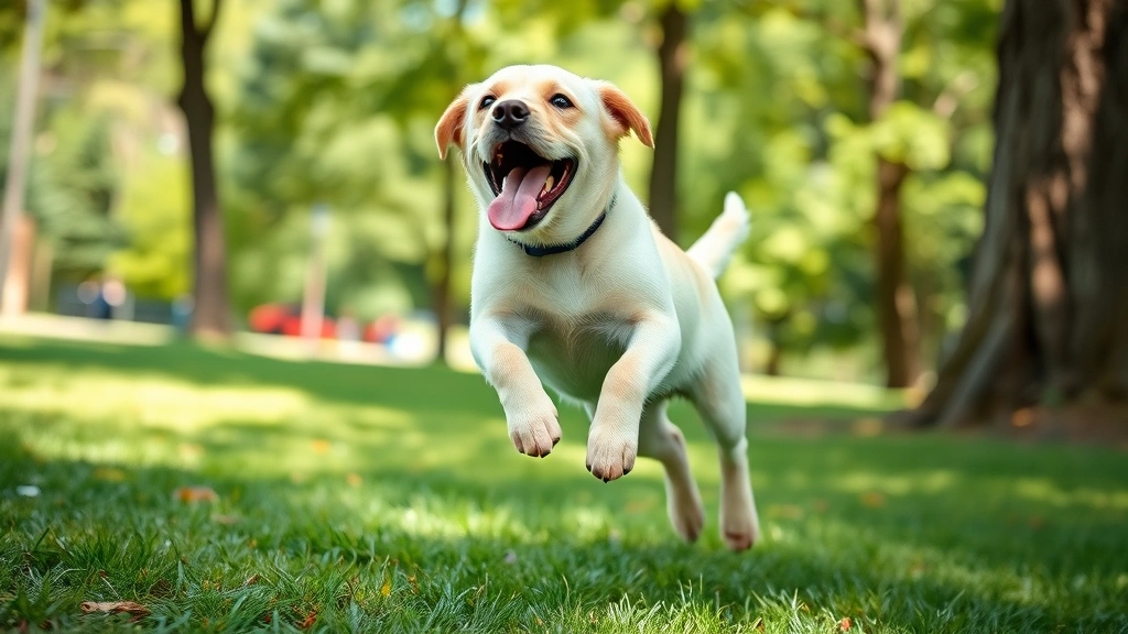 Excited Labrador puppy with tongue out mid-play, mid-jump, outdoor park setting, joyful expression, motion captured