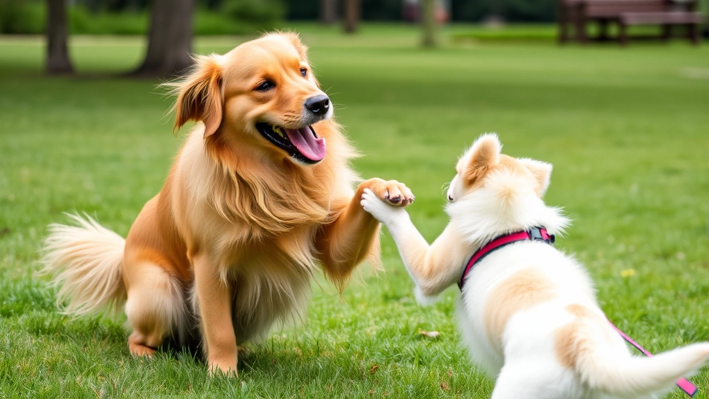 Female golden retriever playing playfully with another dog in a grassy park, both dogs appearing happy and energetic during playtime interaction.