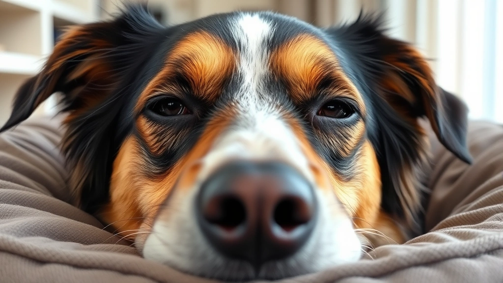 Close-up of a female dog's face showing calm, relaxed expression while resting on a comfortable bed or cushion, peaceful indoor setting.