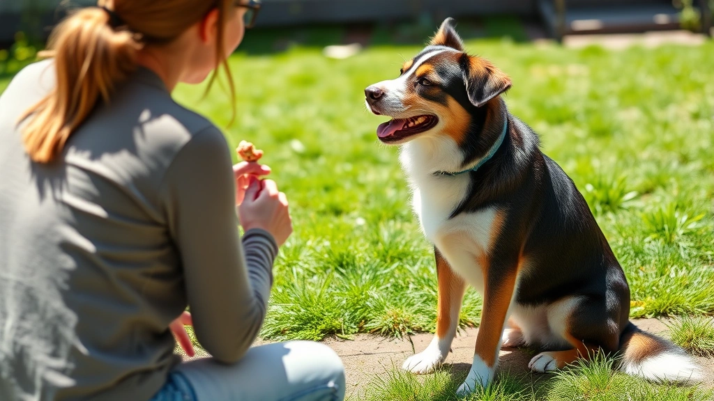 Female dog sitting outdoors with owner, attentive and engaged during training session with treats, sunny backyard environment with green grass visible.