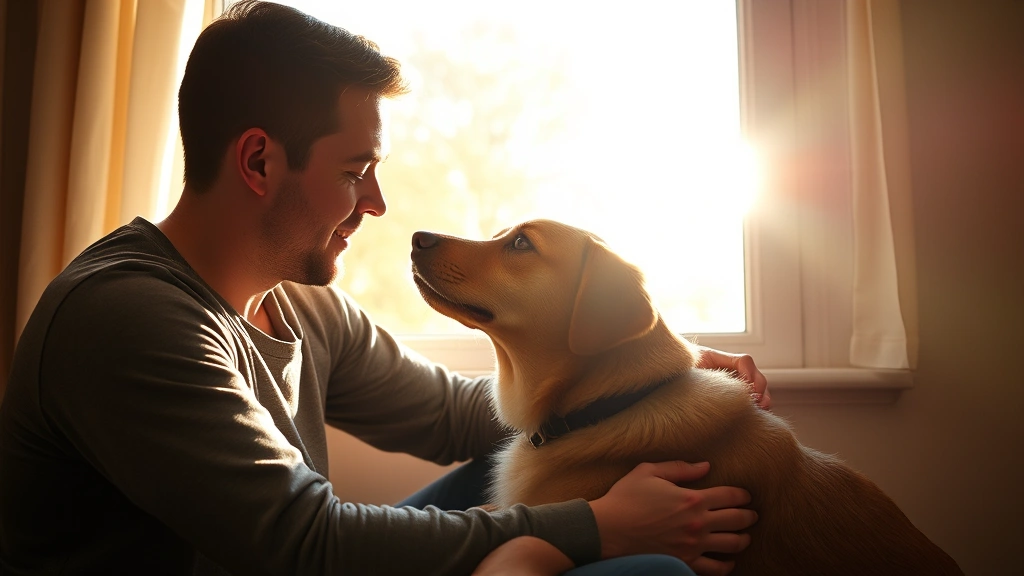 Person and dog making direct eye contact while sitting together, warm afternoon sunlight streaming through window, intimate bonding scene