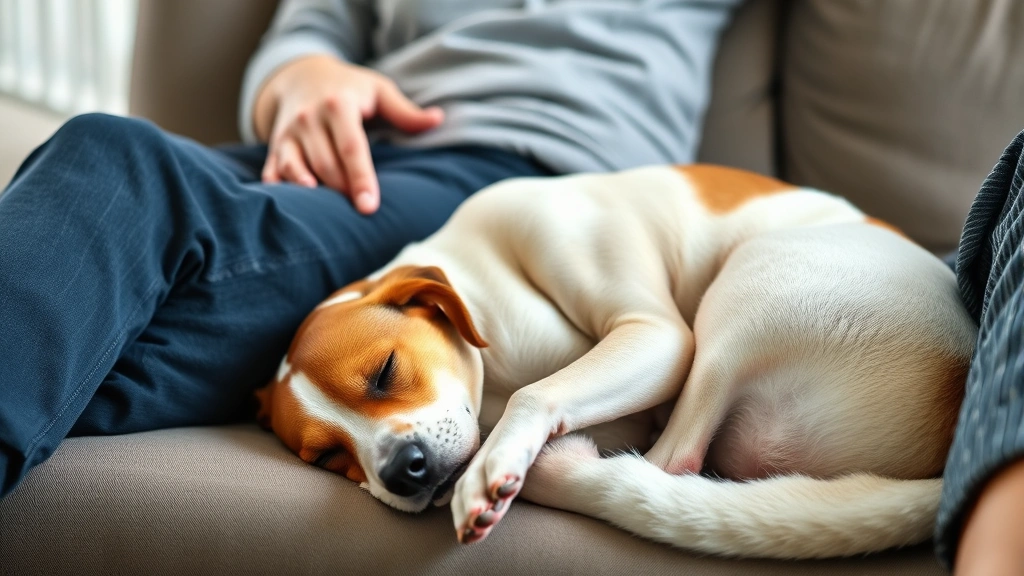 Family dog sleeping peacefully at owner's feet on comfortable couch, calm serene atmosphere showing trust and security