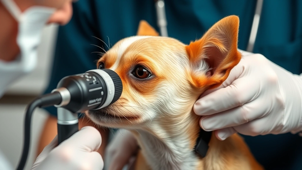 Veterinarian examining a small dog's ear canal with otoscope during examination, professional clinical setting