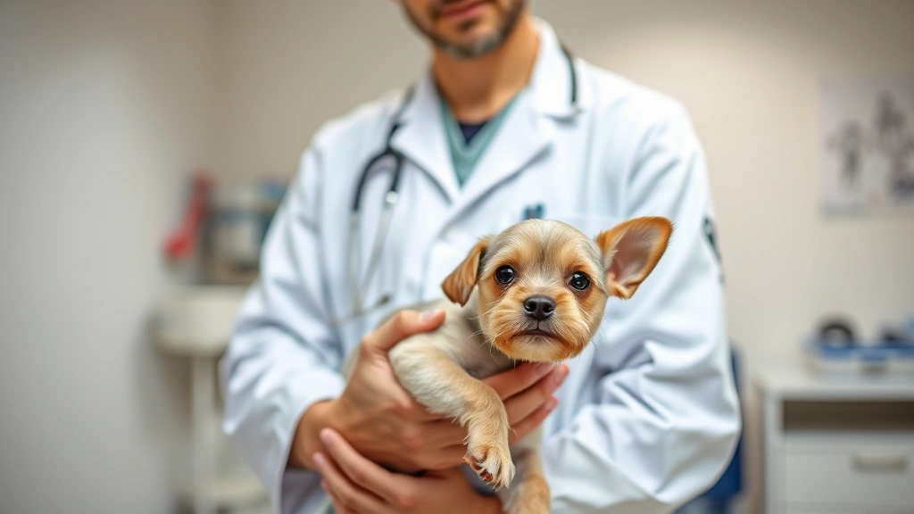Vet in white coat holding a small dog during examination, clinical veterinary office setting with soft lighting