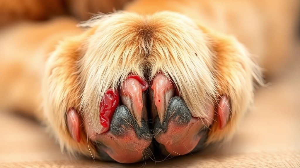 Close-up of a golden retriever's paw with reddened, irritated skin between the toes, showing signs of inflammation and licking damage, photorealistic
