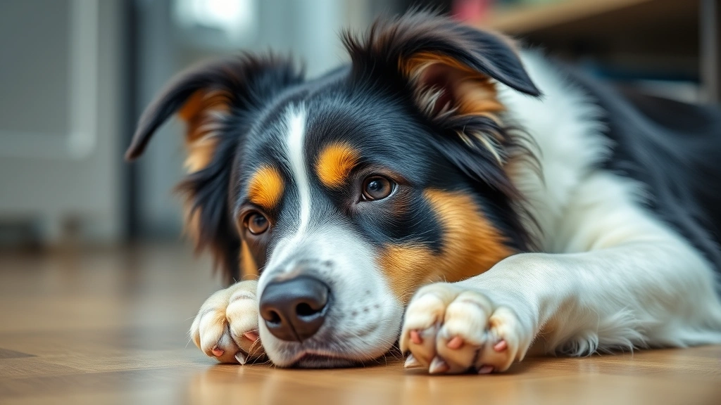 A stressed-looking border collie lying down indoors, appearing anxious, with focus on their front paws near their face, photorealistic style