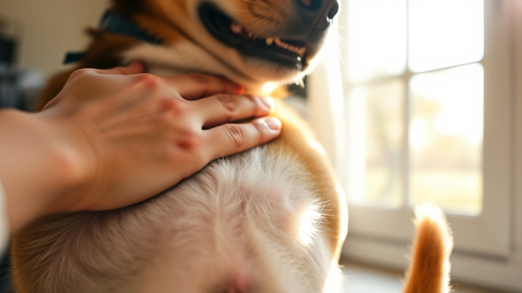Close-up of a hand gently scratching a dog's belly, showing the dog's happy face and slightly wagging tail, warm natural sunlight streaming through window