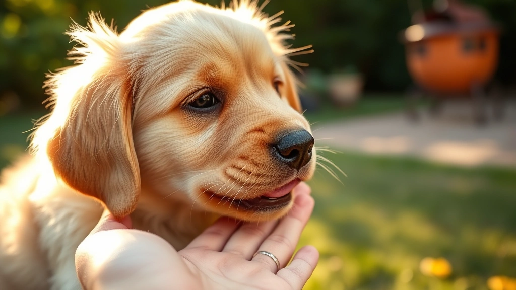Golden Retriever puppy gently licking an adult's hand, close-up shot showing soft eyes and relaxed expression, warm natural lighting, outdoor garden setting