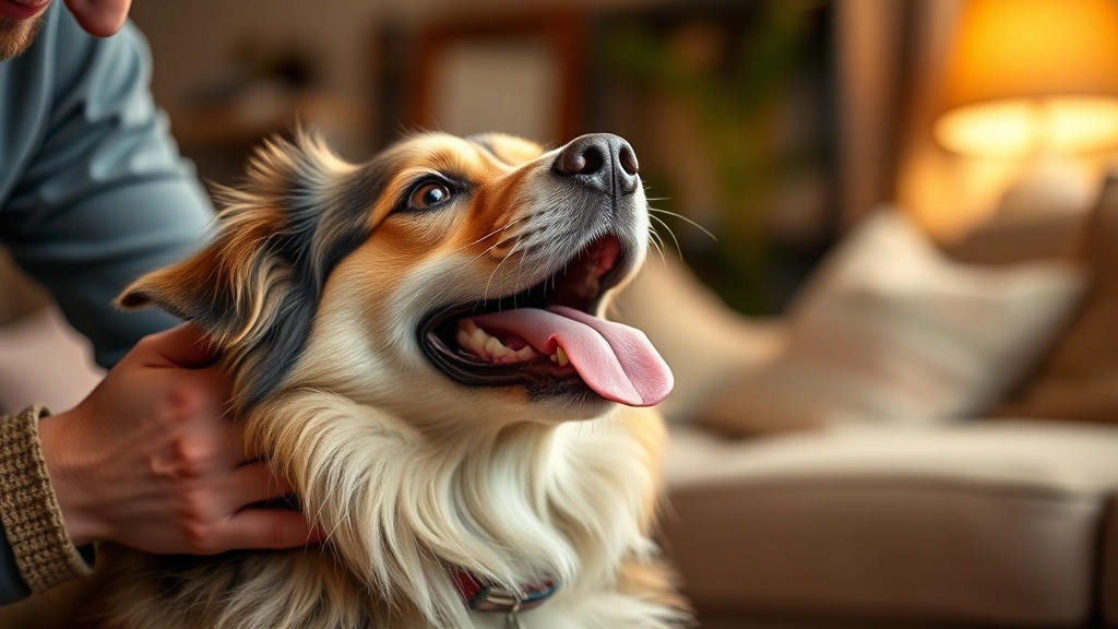 Happy dog with tongue out looking up at owner's face during petting session, warm indoor lighting, cozy living room background with soft furnishings