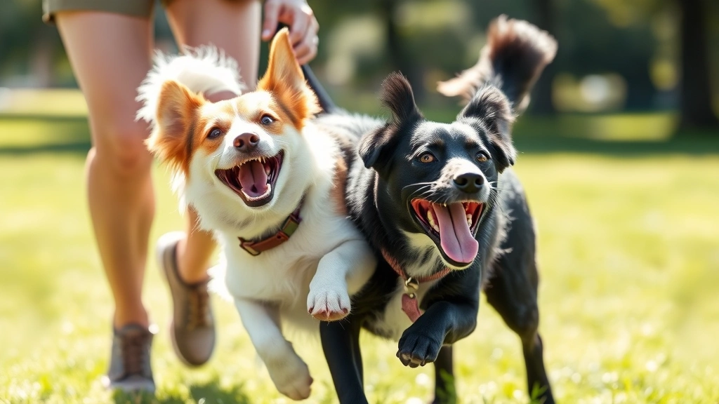 Energetic dog playfully interacting with owner, mid-action moment showing joyful canine expression, bright natural daylight, park or grassy outdoor environment