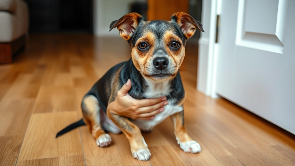 Small terrier looking uncomfortable with hand on stomach, sitting on hardwood floor, concerned but calm expression, home interior