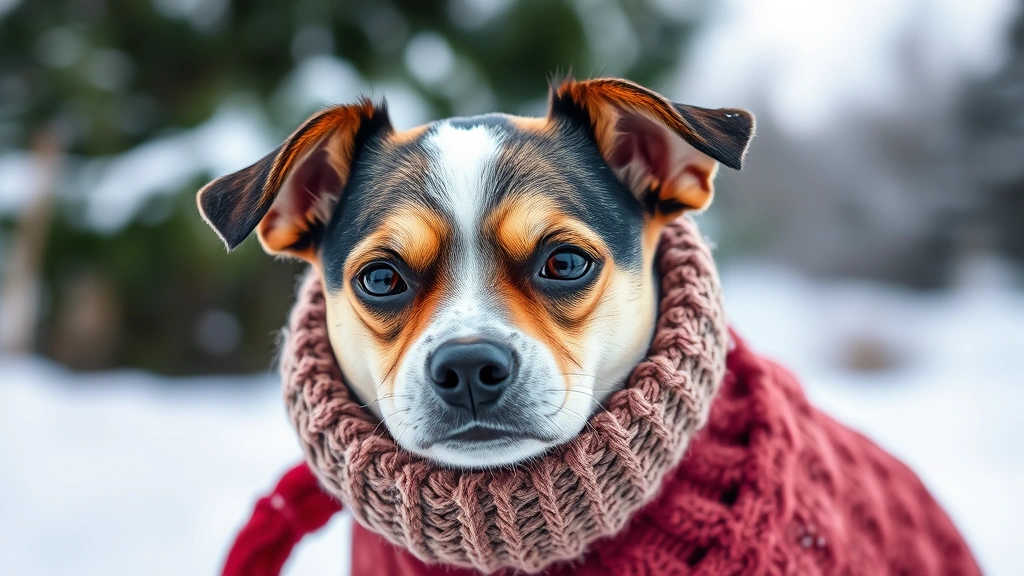 Small dog shivering outdoors in winter with snow visible, wrapped in a cozy knit sweater, looking cold and uncomfortable