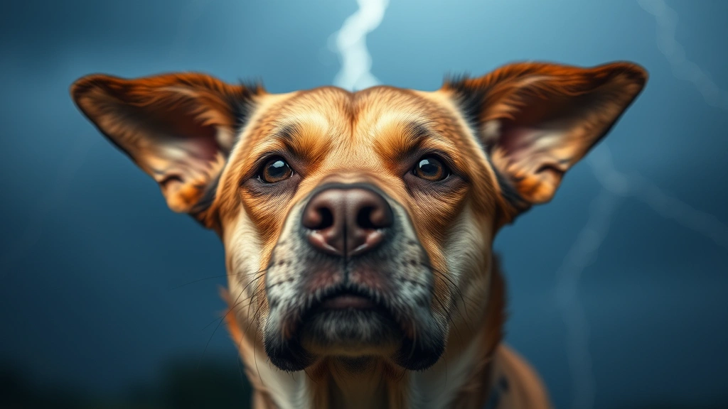 Anxious dog with tensed facial features and worried expression during thunderstorm, ears back and body language showing stress