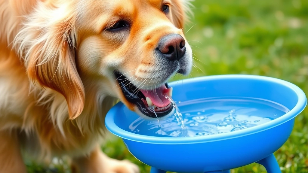 Golden Retriever drinking enthusiastically from a blue water bowl, water droplets splashing, outdoor setting with green grass background, dog's face focused and content