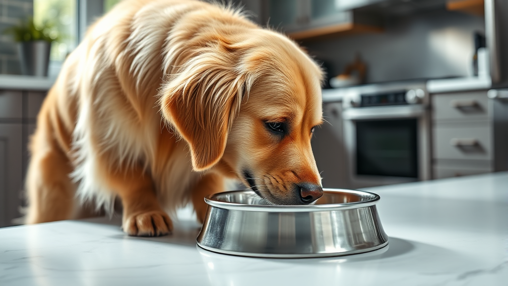 Golden retriever drinking from stainless steel water bowl in bright kitchen no text no words no letters