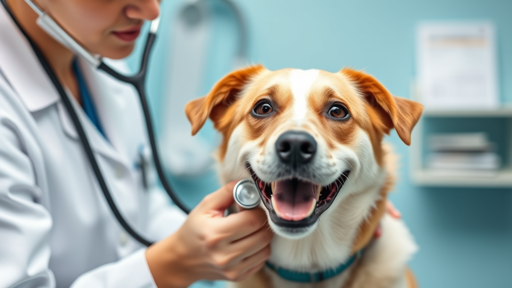 Veterinarian examining happy dog with stethoscope in clinic setting no text no words no letters