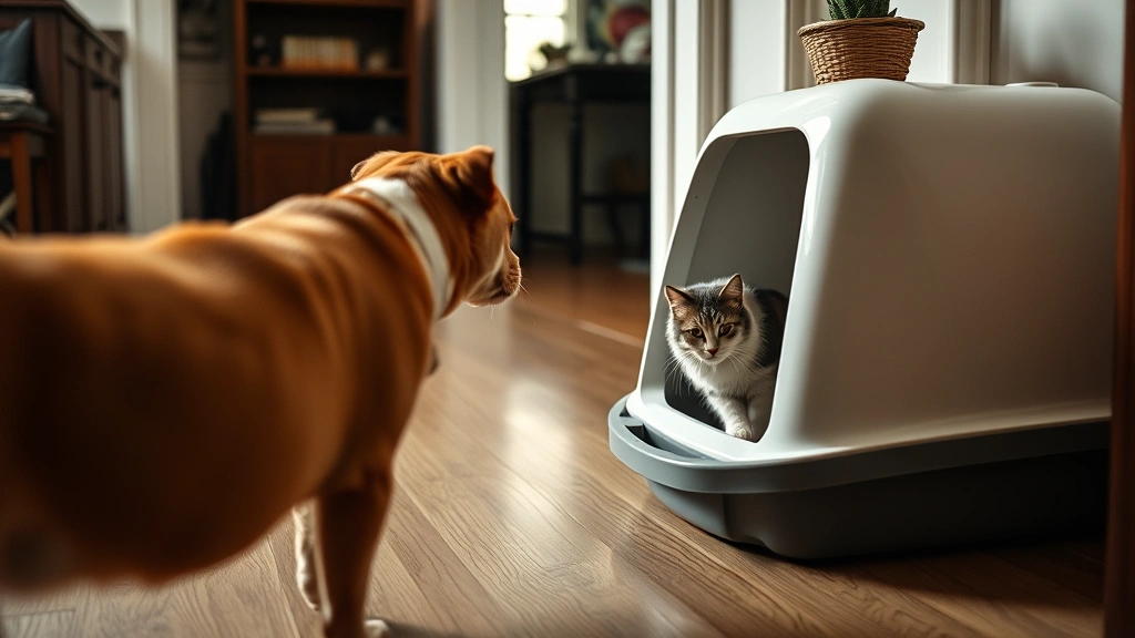 Dog approaching litter box with cat watching nearby, home interior setting