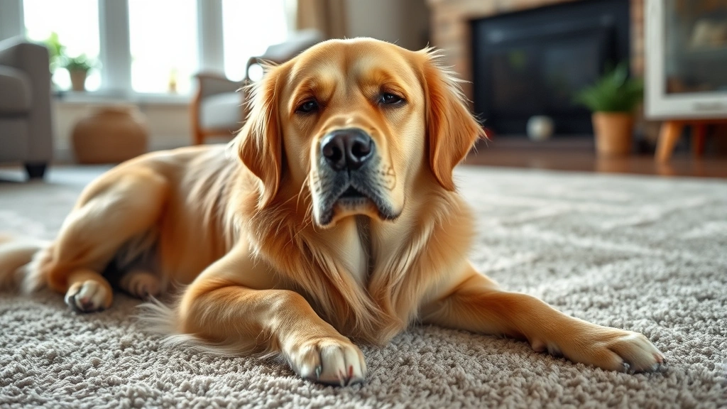 Golden retriever lying on carpet with uncomfortable expression, holding stomach, indoor home setting with natural lighting
