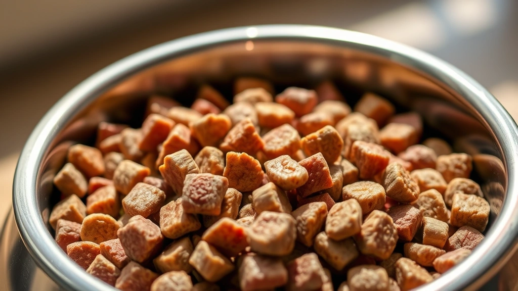 Close-up of healthy dog kibble in metal bowl, premium grain-free dog food with real meat pieces, natural lighting