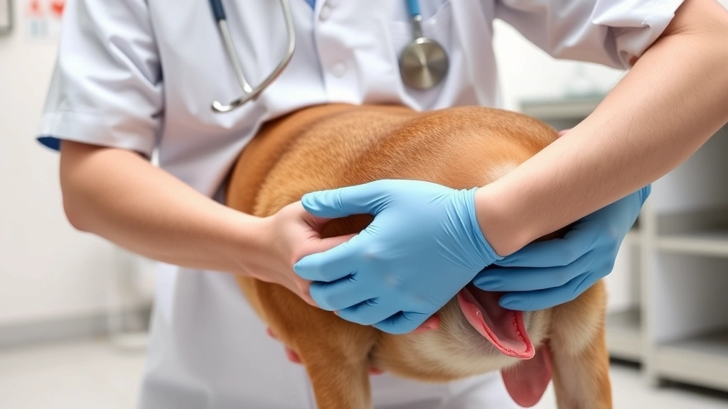Veterinarian examining dog's abdomen during digestive health checkup, professional clinic environment, caring medical setting