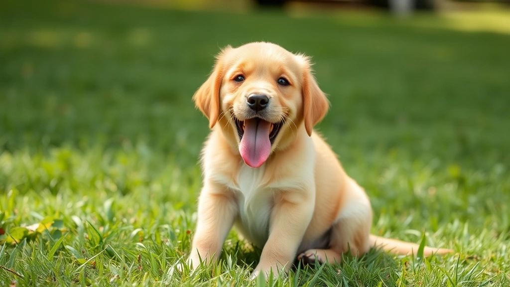 Playful golden retriever puppy sitting on grass with tongue out, mid-hiccup expression, natural daylight