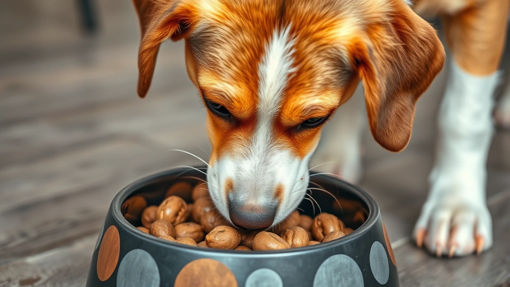 Close-up of brown and white dog eating from slow feeder bowl with puzzle design, focused expression