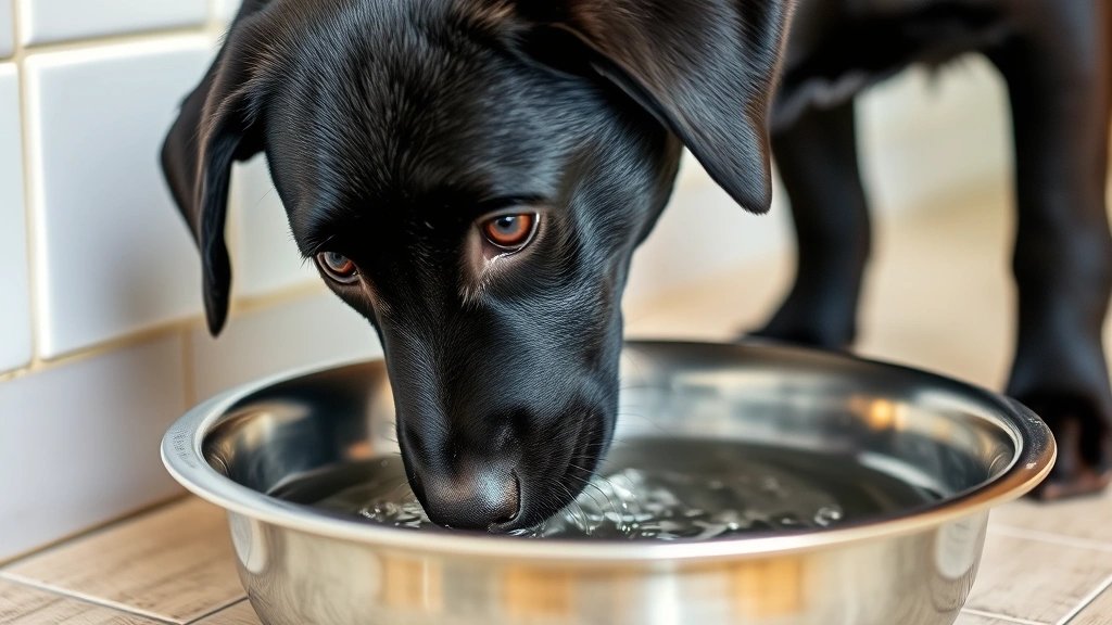 Young black Labrador drinking water from stainless steel bowl, caught mid-action with alert eyes