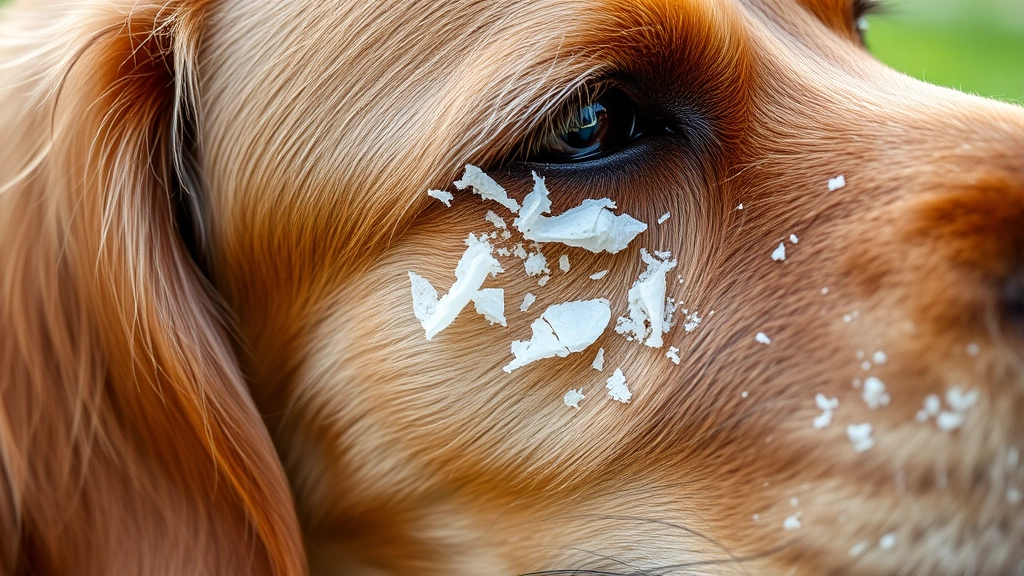 Close-up of a golden retriever's coat showing white flaky dandruff on dark fur, natural lighting, outdoor setting, shallow depth of field