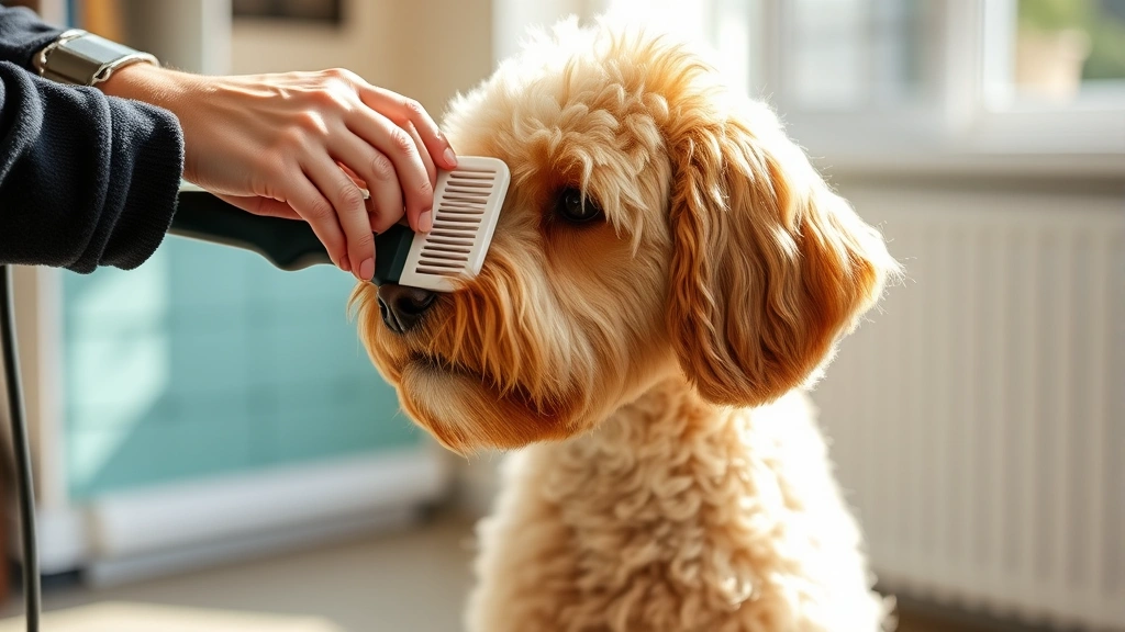 Dog being gently brushed by owner's hands, golden doodle with fluffy coat, sunlit room, grooming care moment