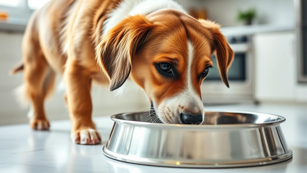 Dog drinking fresh water from a stainless steel bowl, bright kitchen background, healthy hydration scene, clear water visible