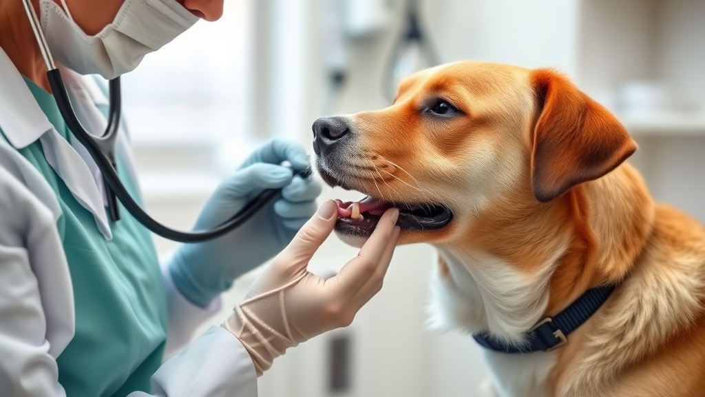 Veterinarian examining dog throat with stethoscope in clinic, no text no words no letters