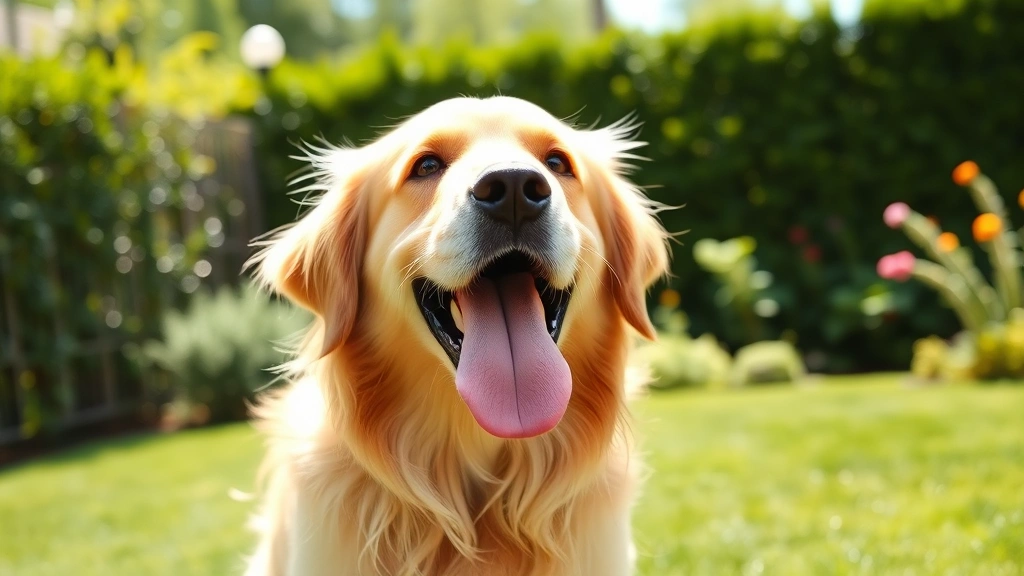 Golden Retriever panting happily after playing fetch in a green backyard, tongue out, relaxed expression, bright daylight