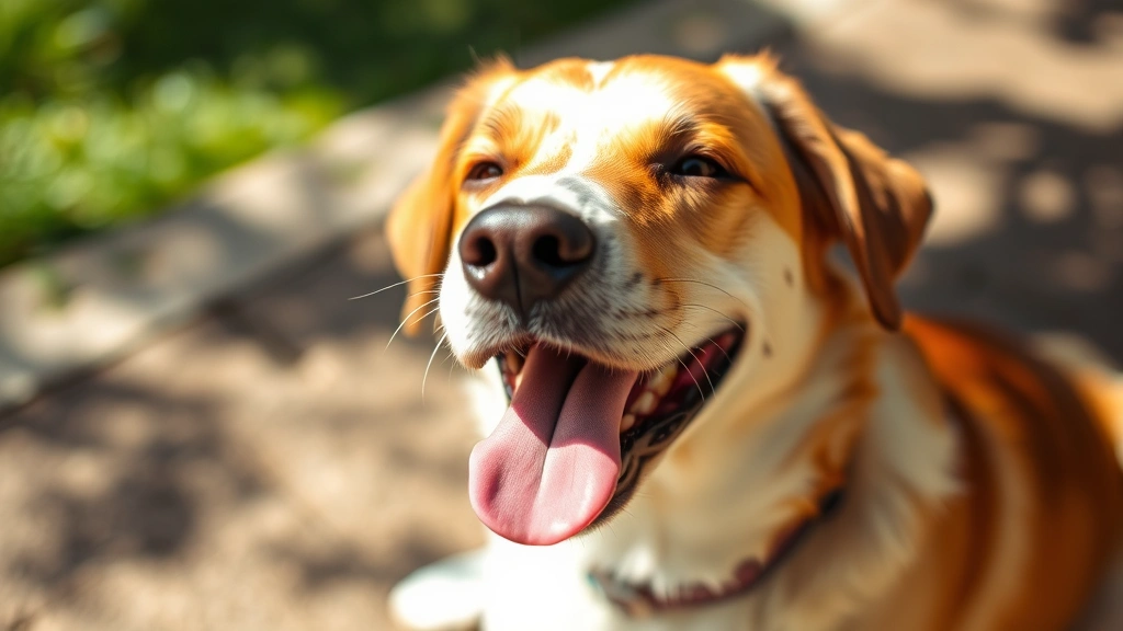 Close-up of a dog's face showing open mouth panting during warm weather, sitting in shade, peaceful demeanor, natural lighting