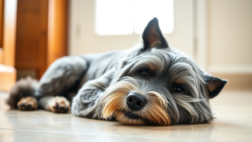 Senior gray-muzzled dog resting on cool tile floor indoors, gentle panting, comfortable posture, soft natural light from window