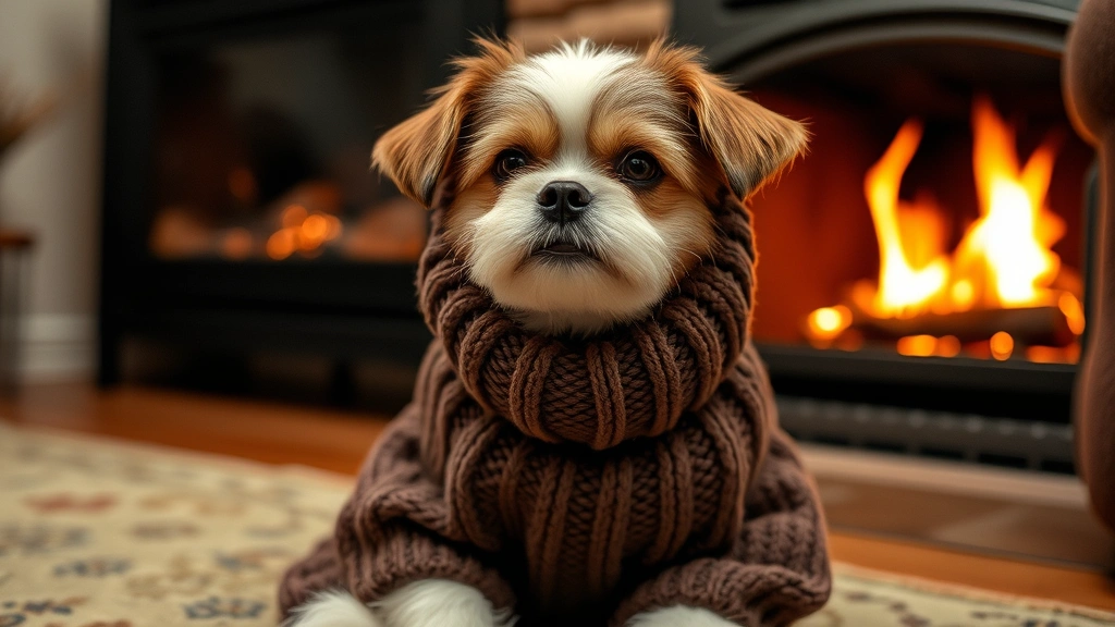 A small dog wrapped in a cozy knit sweater, sitting indoors near a warm fireplace, looking comfortable and content.