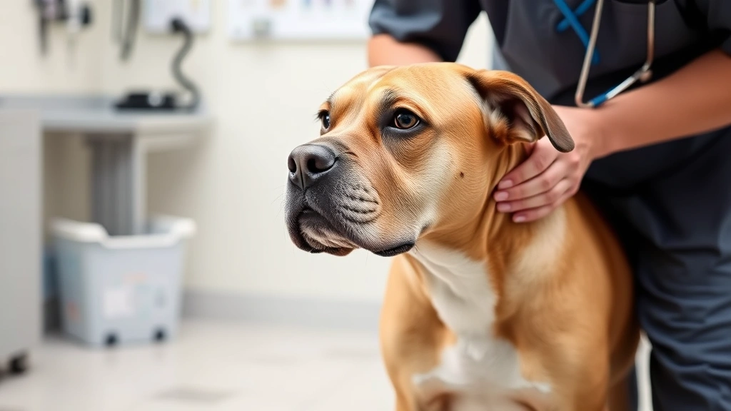 A senior dog with gray muzzle standing in a veterinary clinic, getting examined by a compassionate veterinarian with stethoscope.
