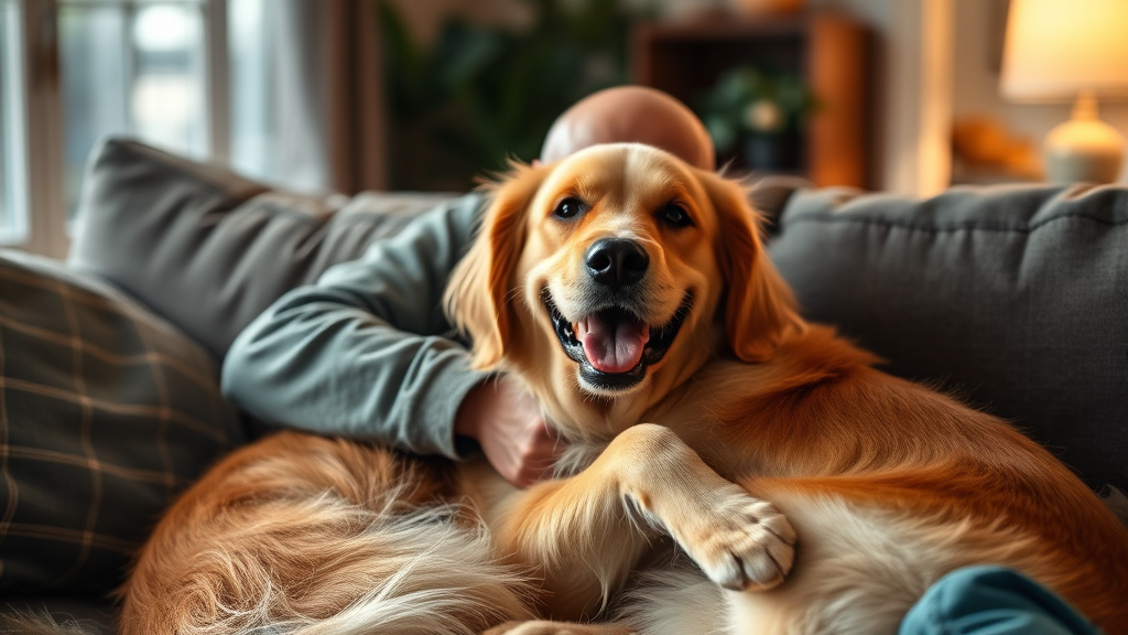 Happy golden retriever dog cuddling with owner on couch, warm lighting, cozy home setting, no text no words no letters