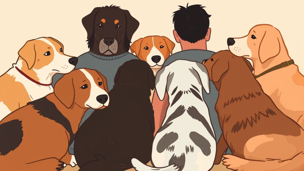 Multiple dogs of different breeds seeking comfort from their owners, pack behavior illustration, warm colors, no text no words no letters