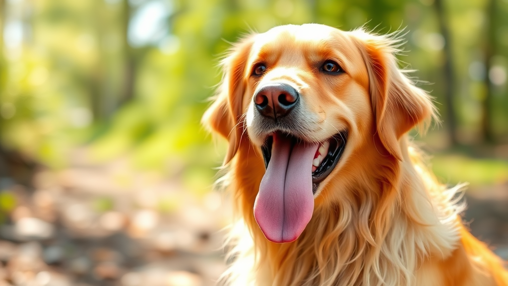 Happy golden retriever dog with tongue out in bright natural outdoor setting, no text, no words, no letters