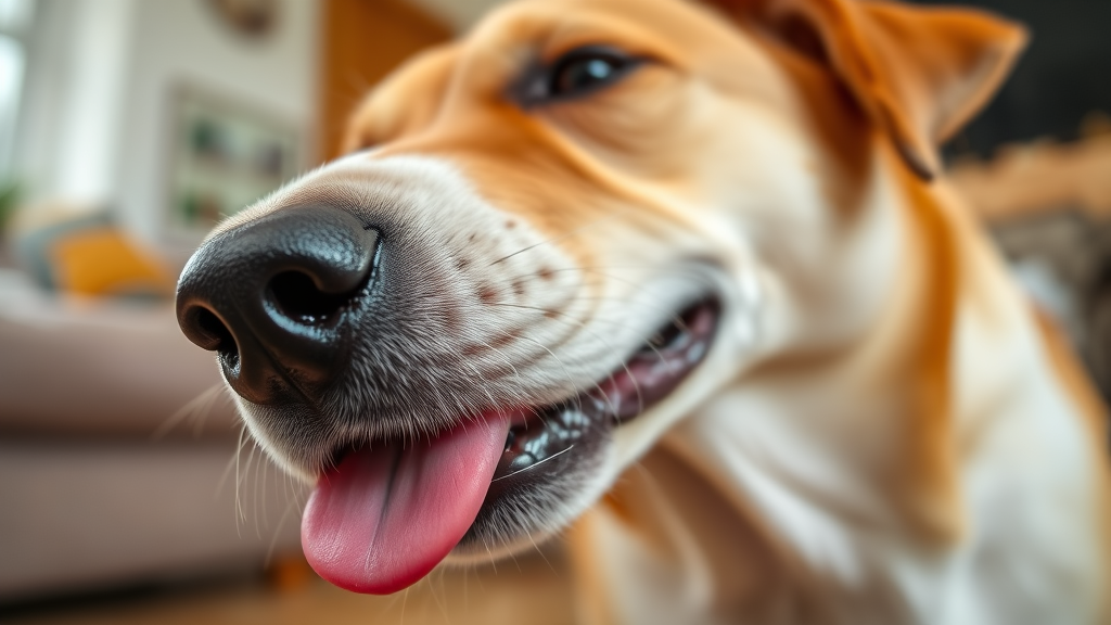 Close up of dog tongue and mouth showing natural licking behavior in home environment, no text, no words, no letters