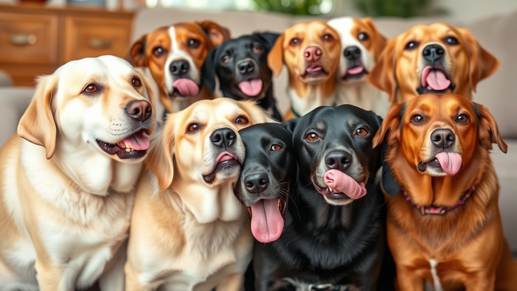 Multiple dogs of different breeds showing various licking behaviors in comfortable indoor setting, no text, no words, no letters